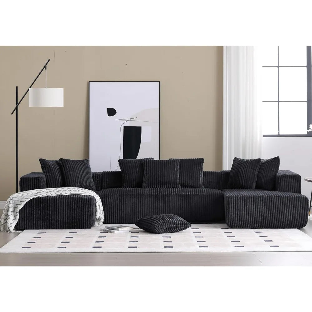 Modern Black U-Shaped Corduroy Sectional Sofa w/ Chaise Lounges, 130" Wide