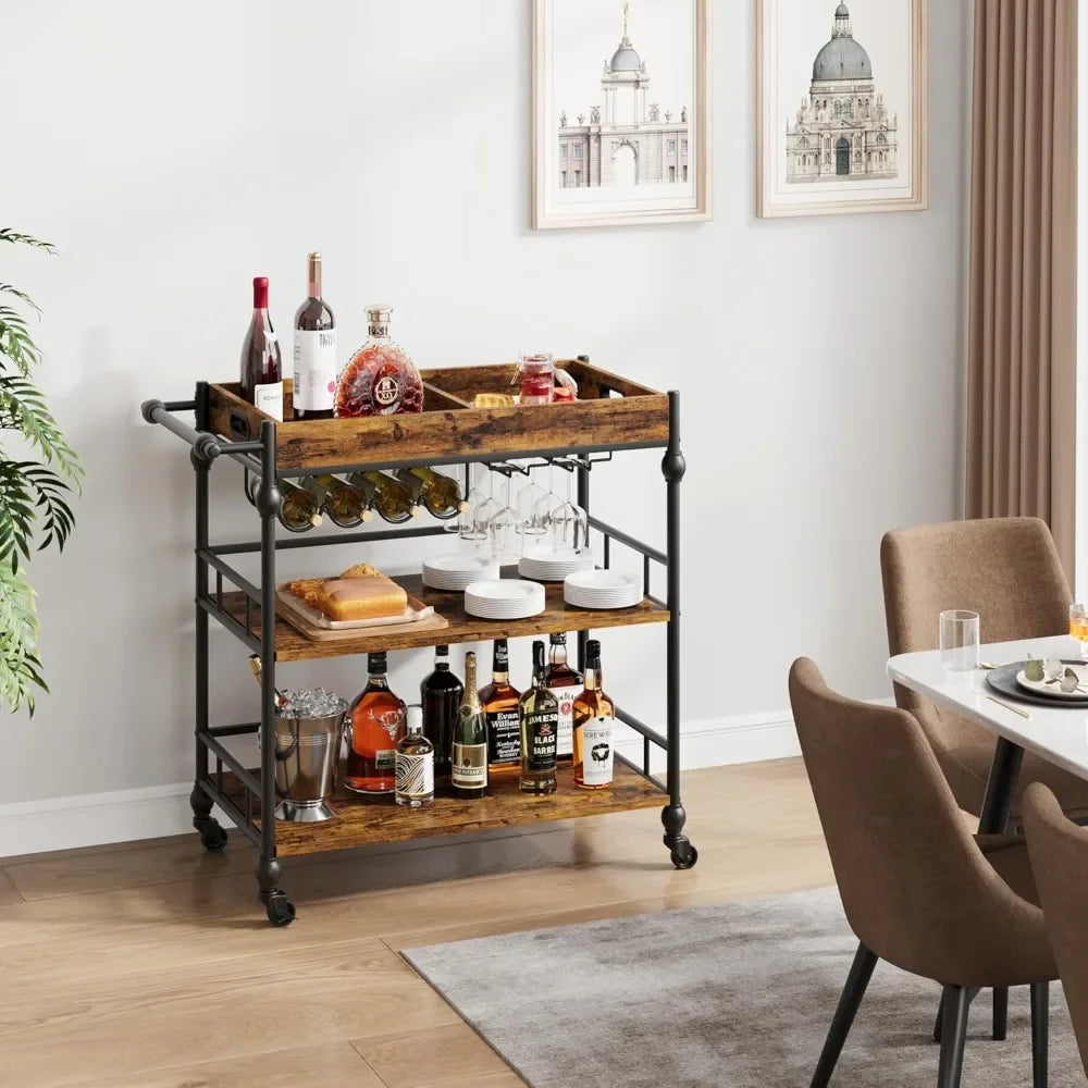 Ljustra 3 Tier Bar Cart with Wheels Wine Rack Glasses Holder Industrial