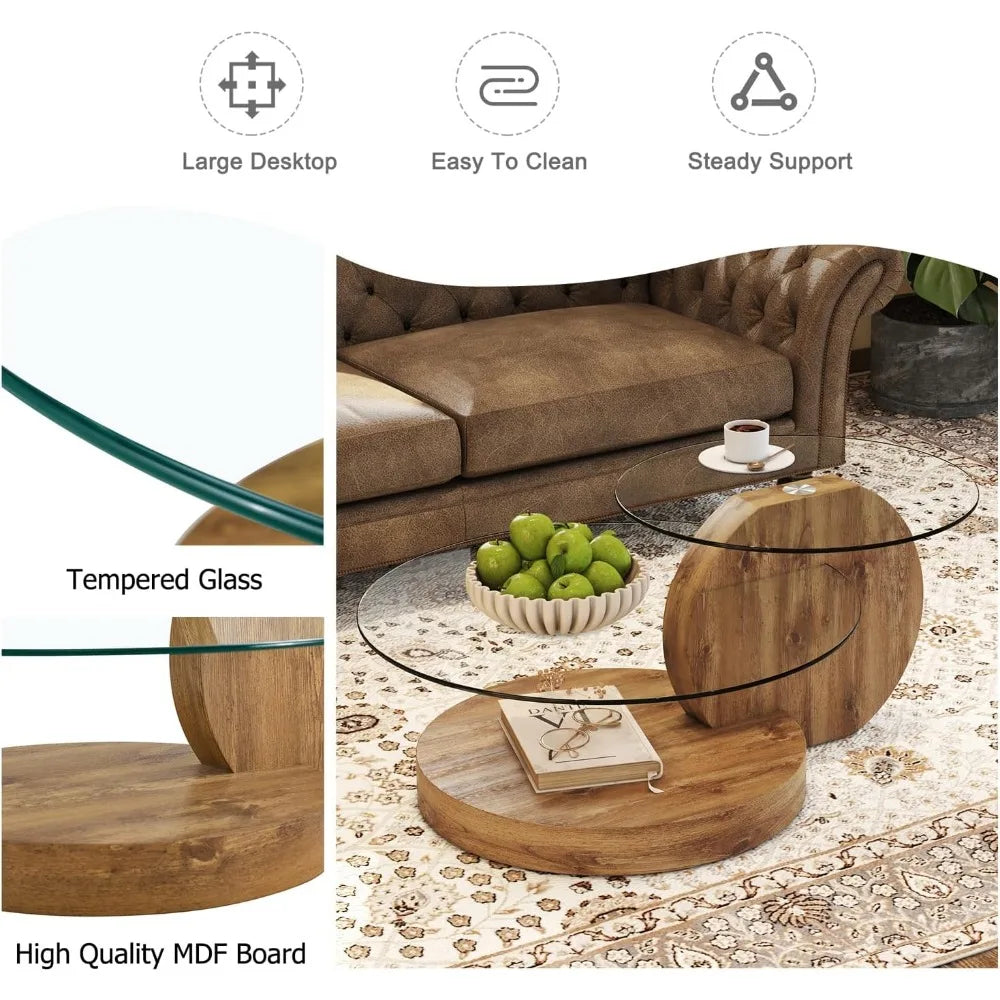 Modern 42 Inch Round Glass Coffee Table 3-Tier Wood Shelves Living Room