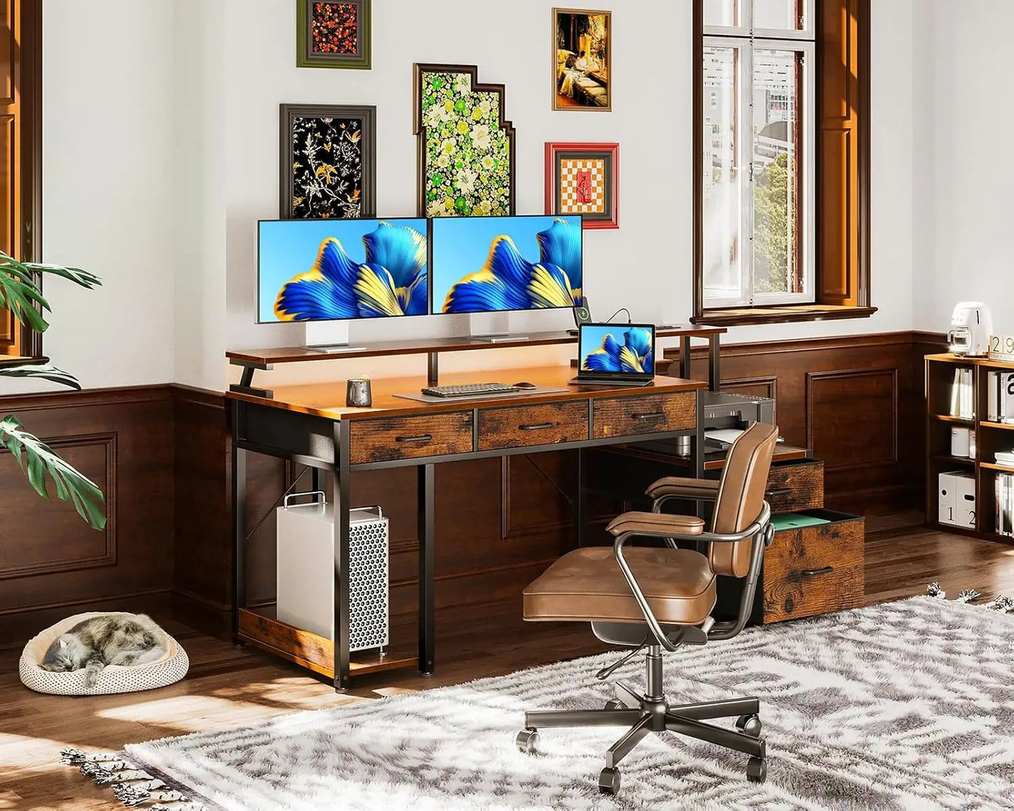 55 Inch Computer Desk with Drawers LED Lights Monitor Stand Storage