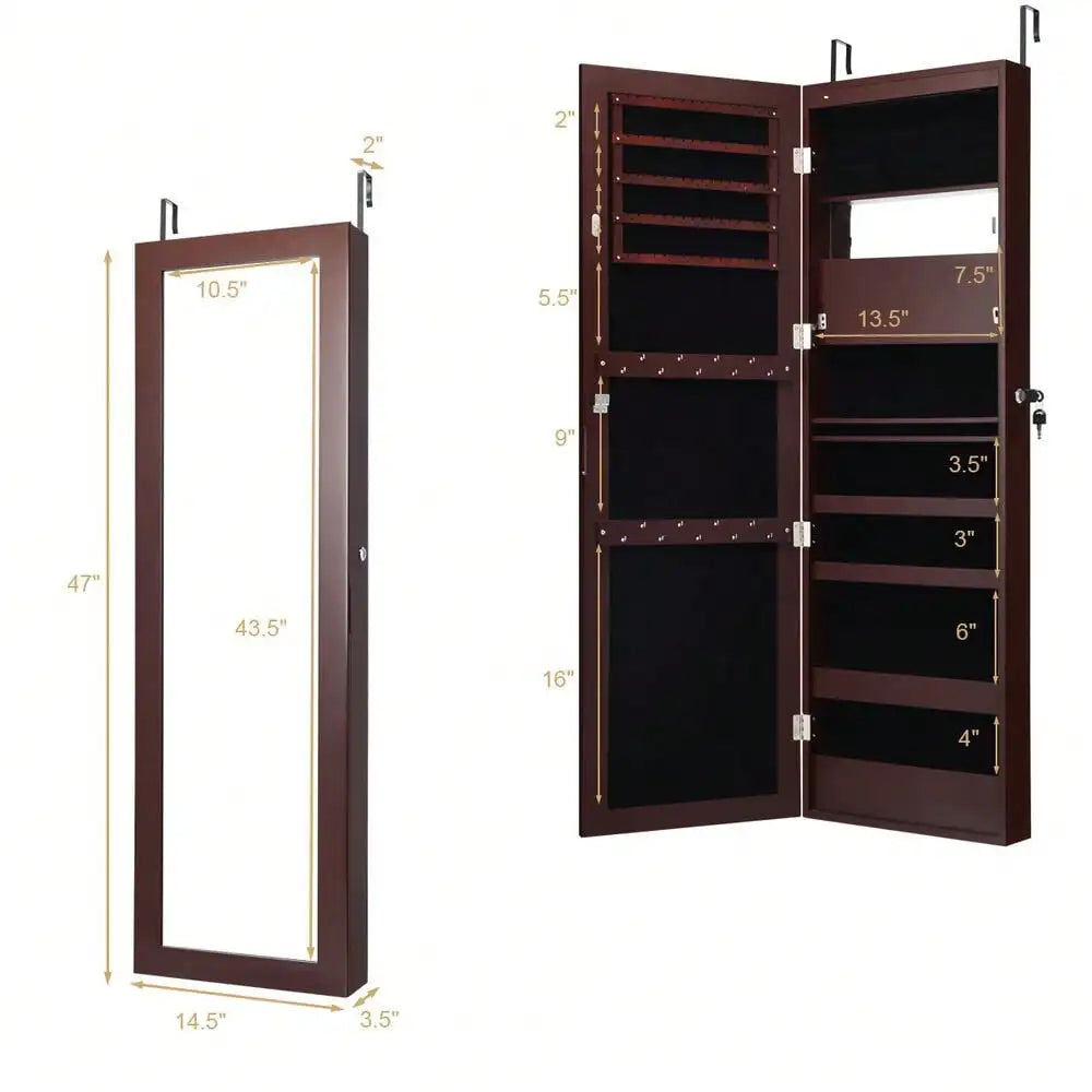 Lockable Wall Mounted Jewelry Cabinet Armoire Organizer with LED Lights