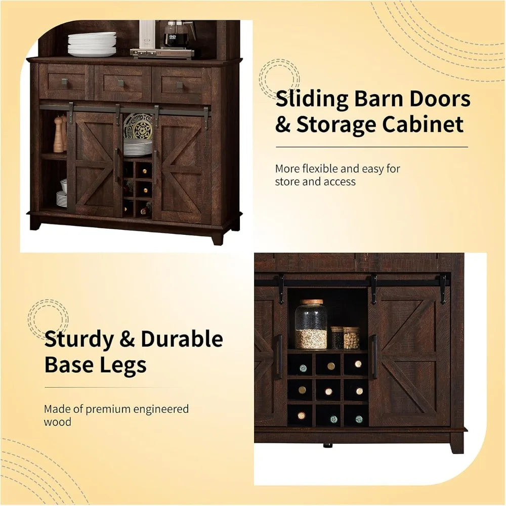 72 Inch Coffee Bar Wine Cabinet with Sliding Barn Door LED Lights