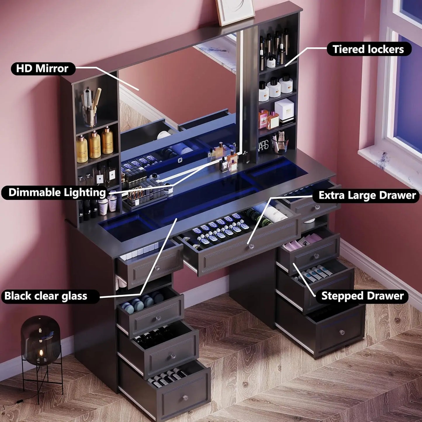 Vanity Table with Mirror and Light Storage Dresser with 9 Drawers