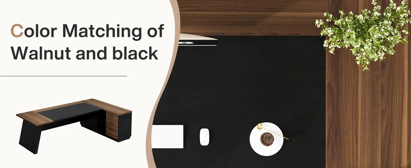 Modern L-Shaped Executive Desk with Drawers and File Cabinet Office