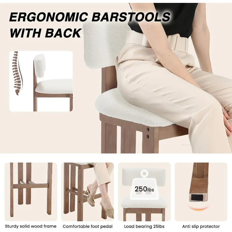 26 Inch Farmhouse Counter Stools Curved Back Sherpa Boucle Set of 2