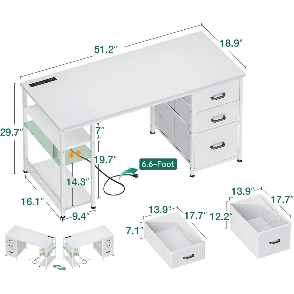 51 Inch Reversible Computer Desk with USB Power Outlets and Storage