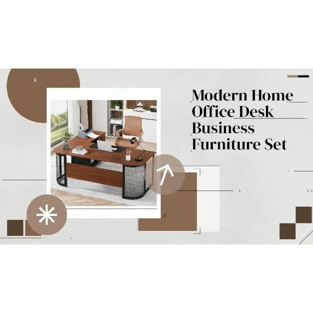 63 Inch L Shaped Executive Desk with File Cabinet Large Computer Desk