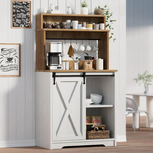 Farmhouse Coffee Station with Storage Hutch and Hooks for Home Bar