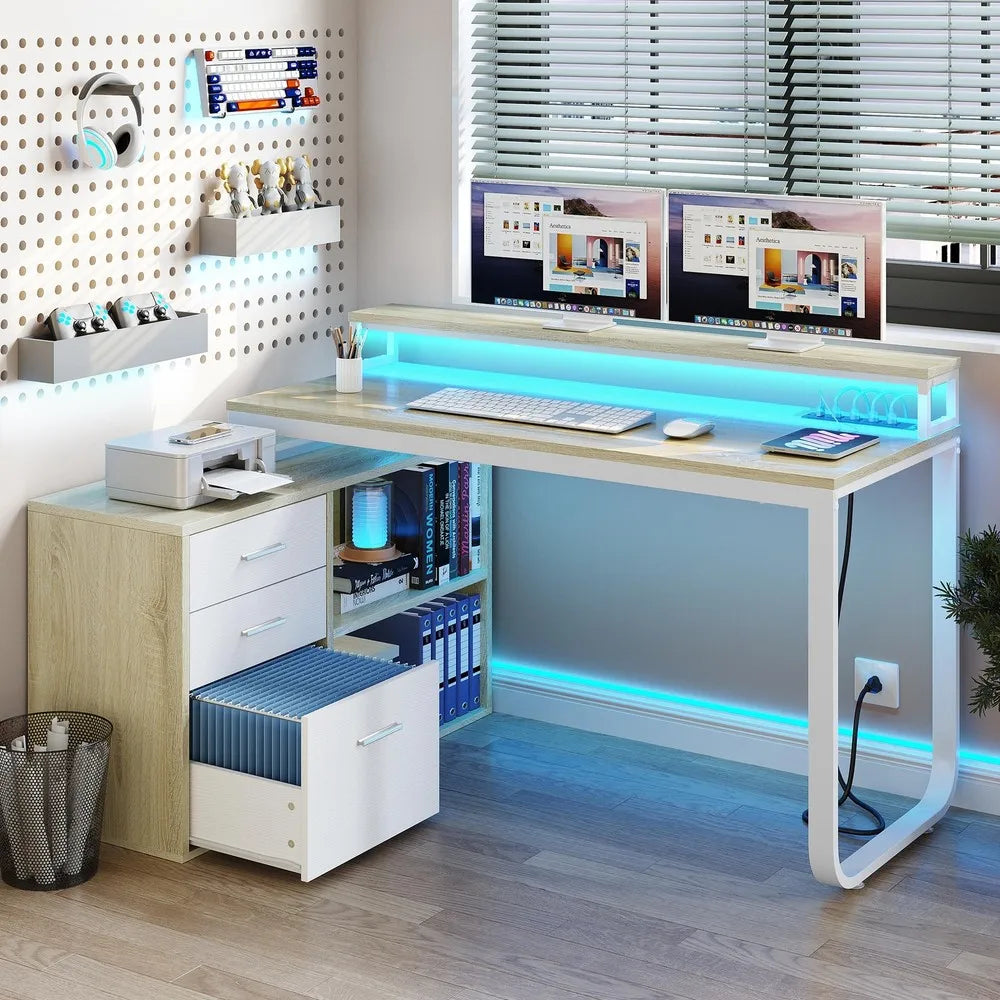L-Shape Gaming Computer Desk with File Drawers for Home Office