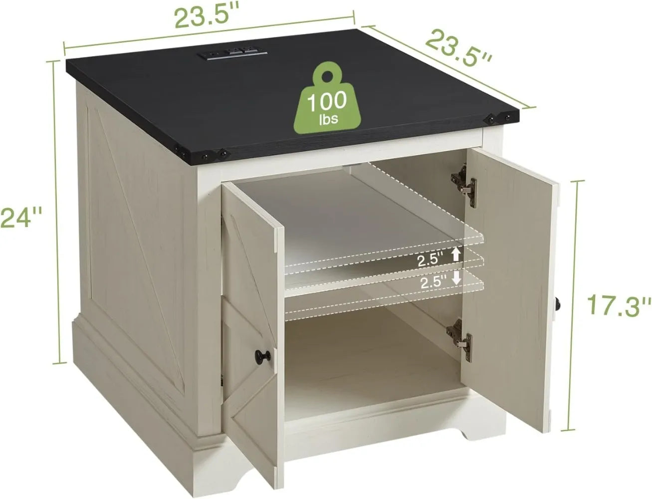 24 Inch End Table Set of 2 with Charging Station and Adjustable Shelves