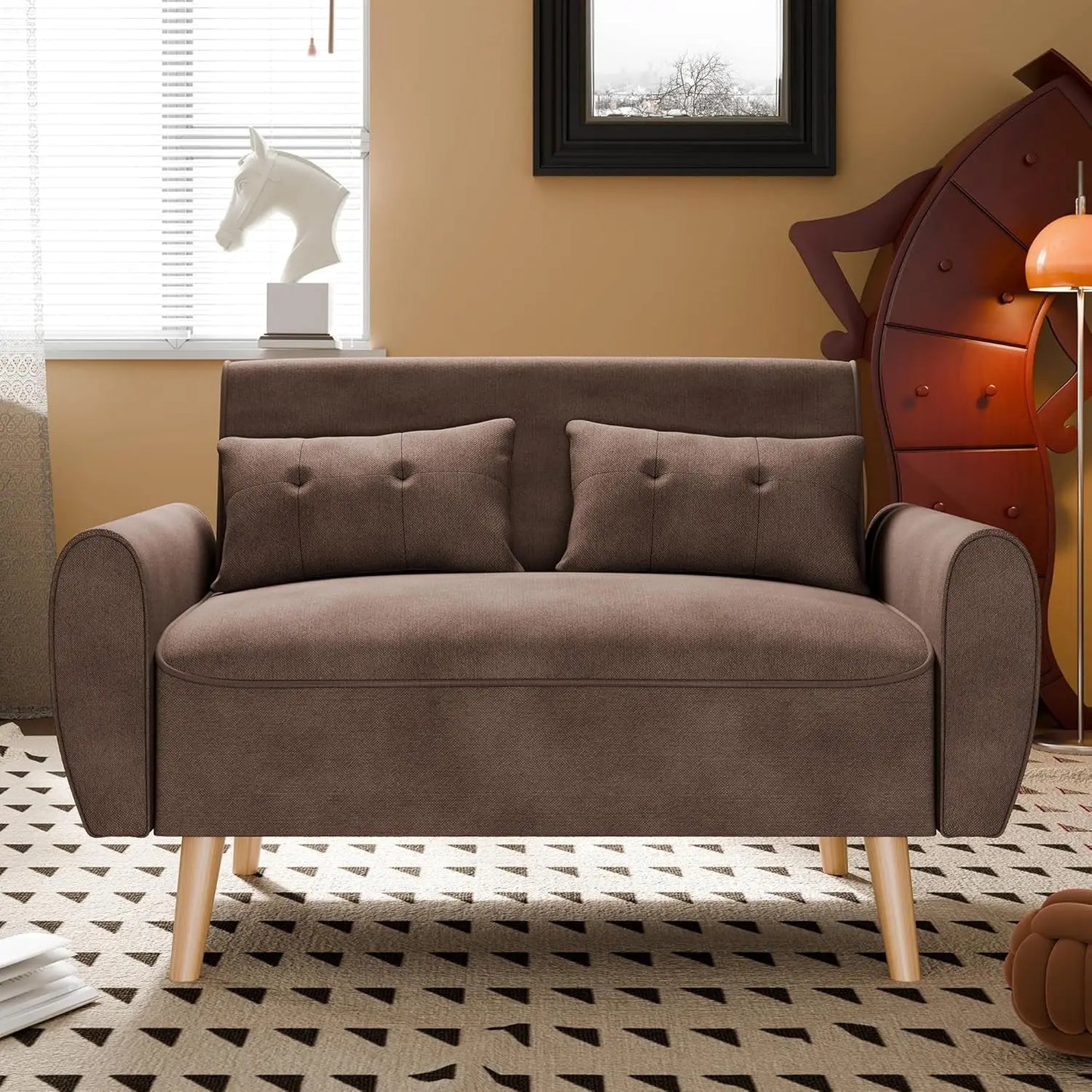 Modern Loveseat Sofa Mid Century Linen Fabric Tufted Couch Living Room