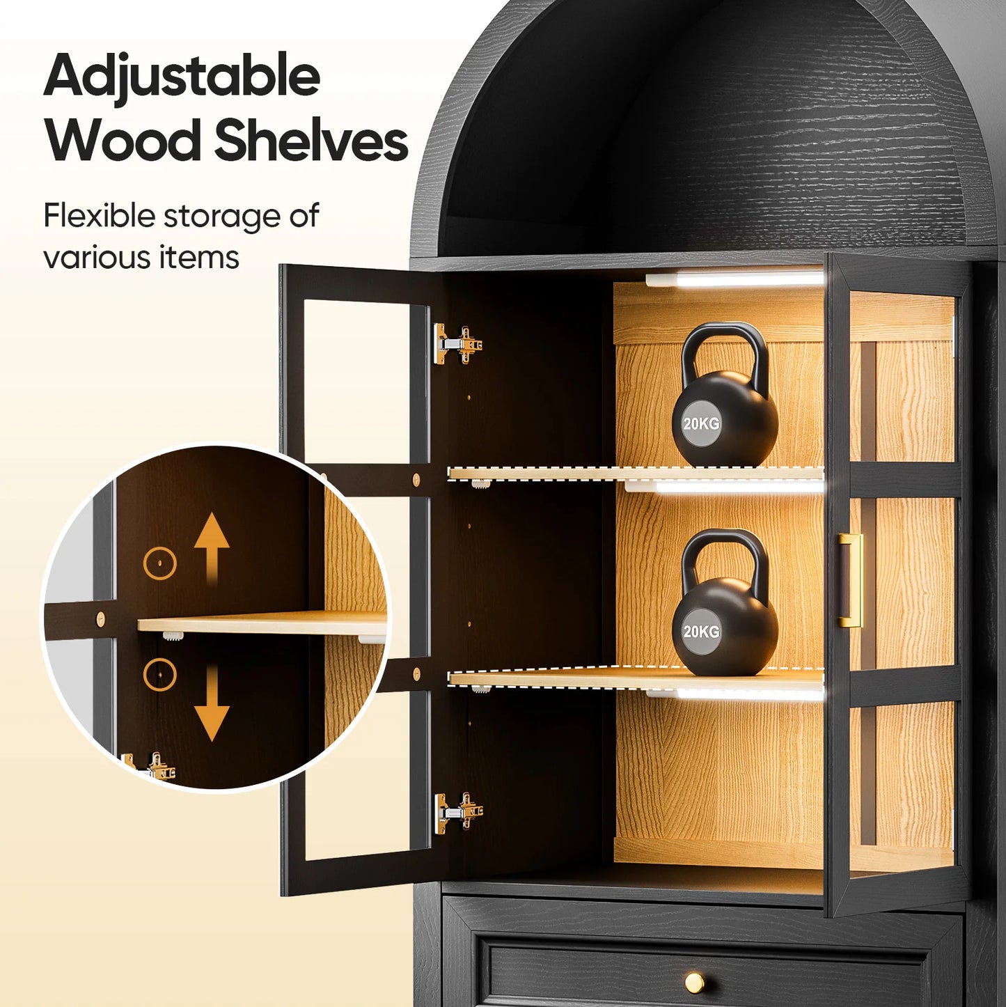 Modern Arched Cabinet with Glass Doors Auto Sensor LED Lights