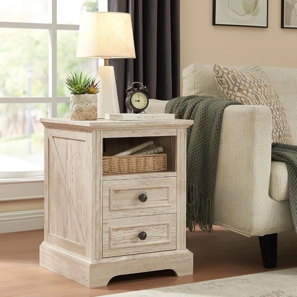 Nightstand with Charging Station 2 Drawers Open Storage Bedroom Side Table