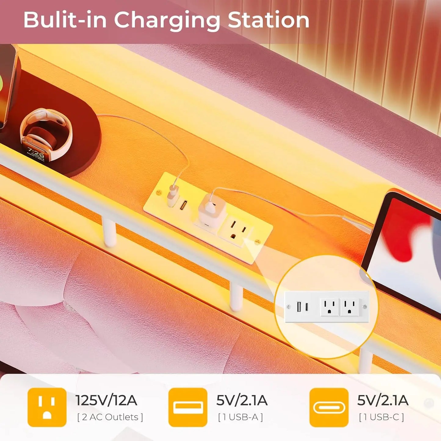 Queen Size Girls Bed with LED Lights and Charging Station Storage