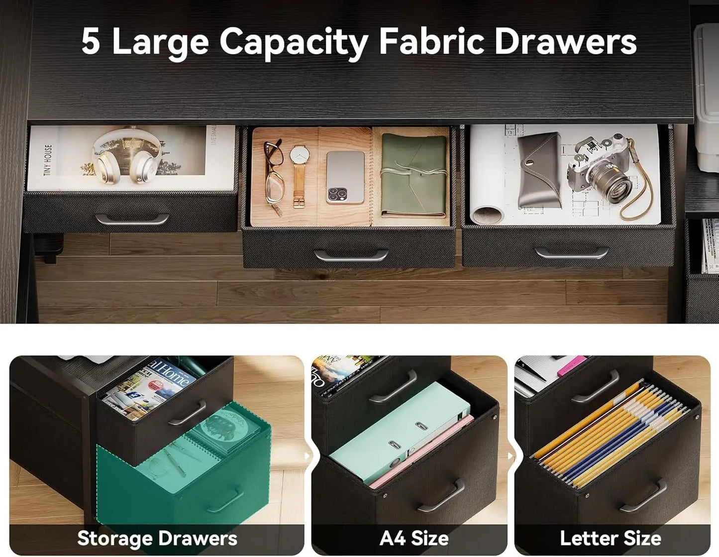 L Shaped Gaming Desk with File Drawers Power Outlets LED Lights