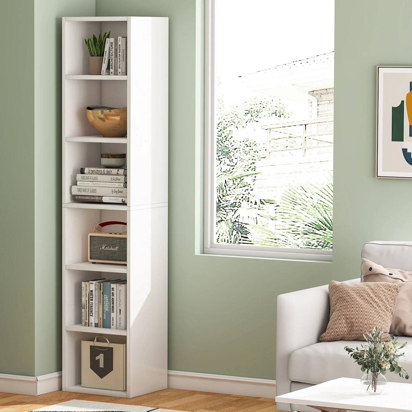Ljustra 70.9 Inch Tall Narrow Bookcase Modern White Corner Storage Shelf
