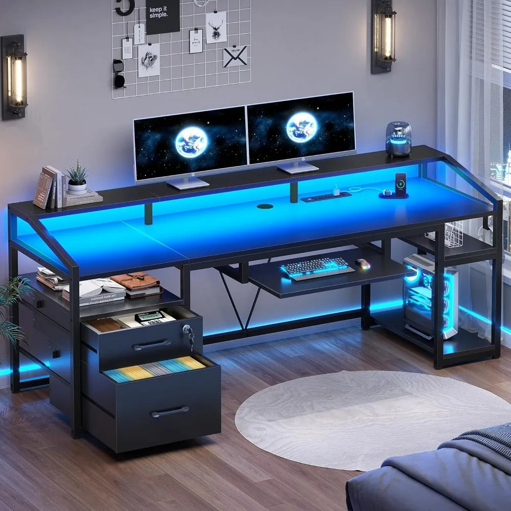 63 Inch Computer Desk with Lockable Drawers LED Lights Power Outlet Gaming