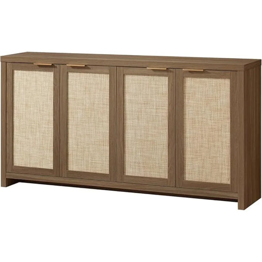 Rattan 4-Door Storage Sideboard Cabinet Adjustable Shelves Buffet