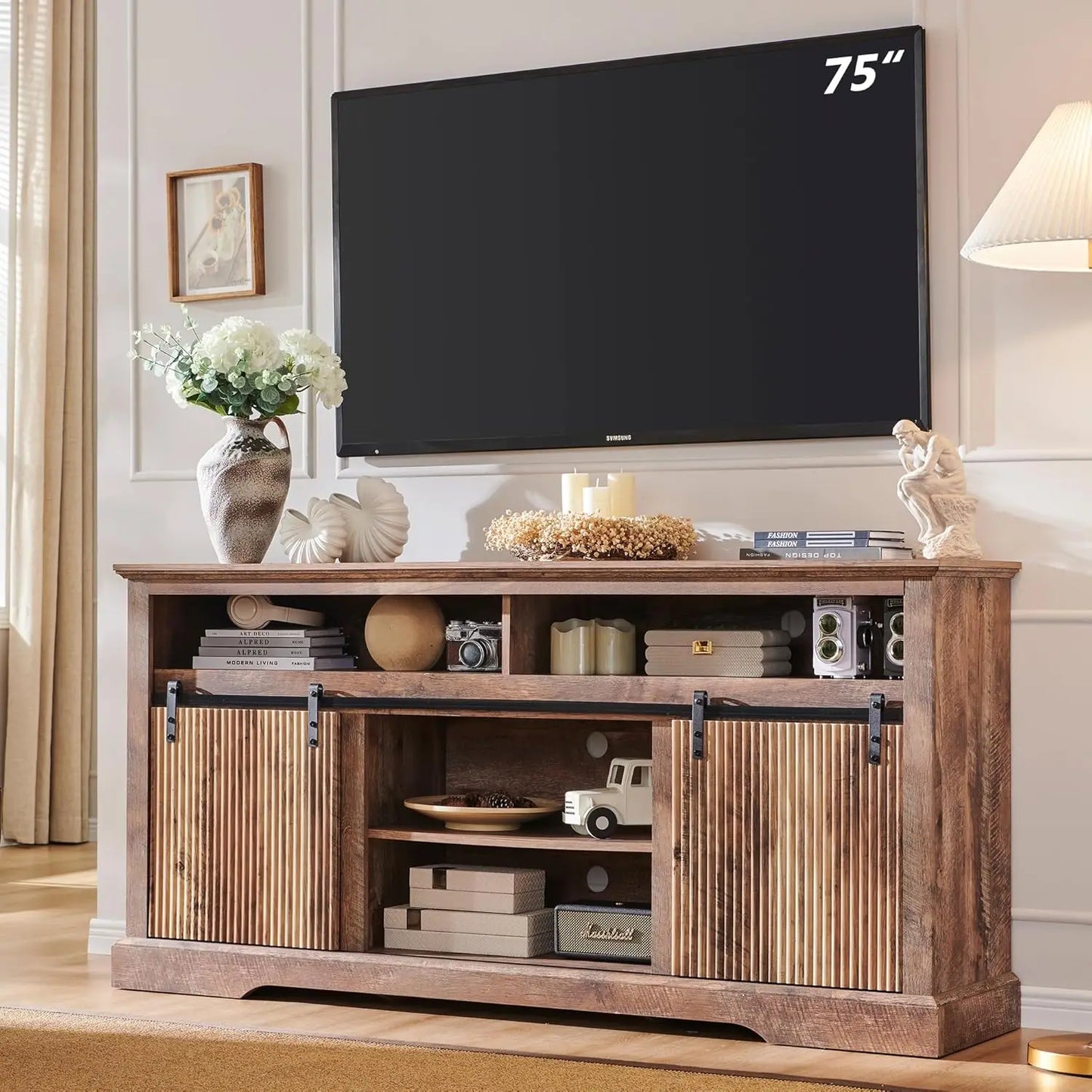Fluted TV Stand for 75 Inch TVs Modern Entertainment Center Storage