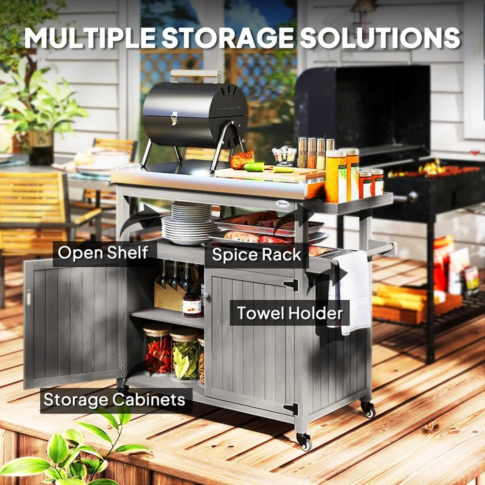 Outdoor Grill Cart with Wheels Storage Solid Wood Stainless Steel Top