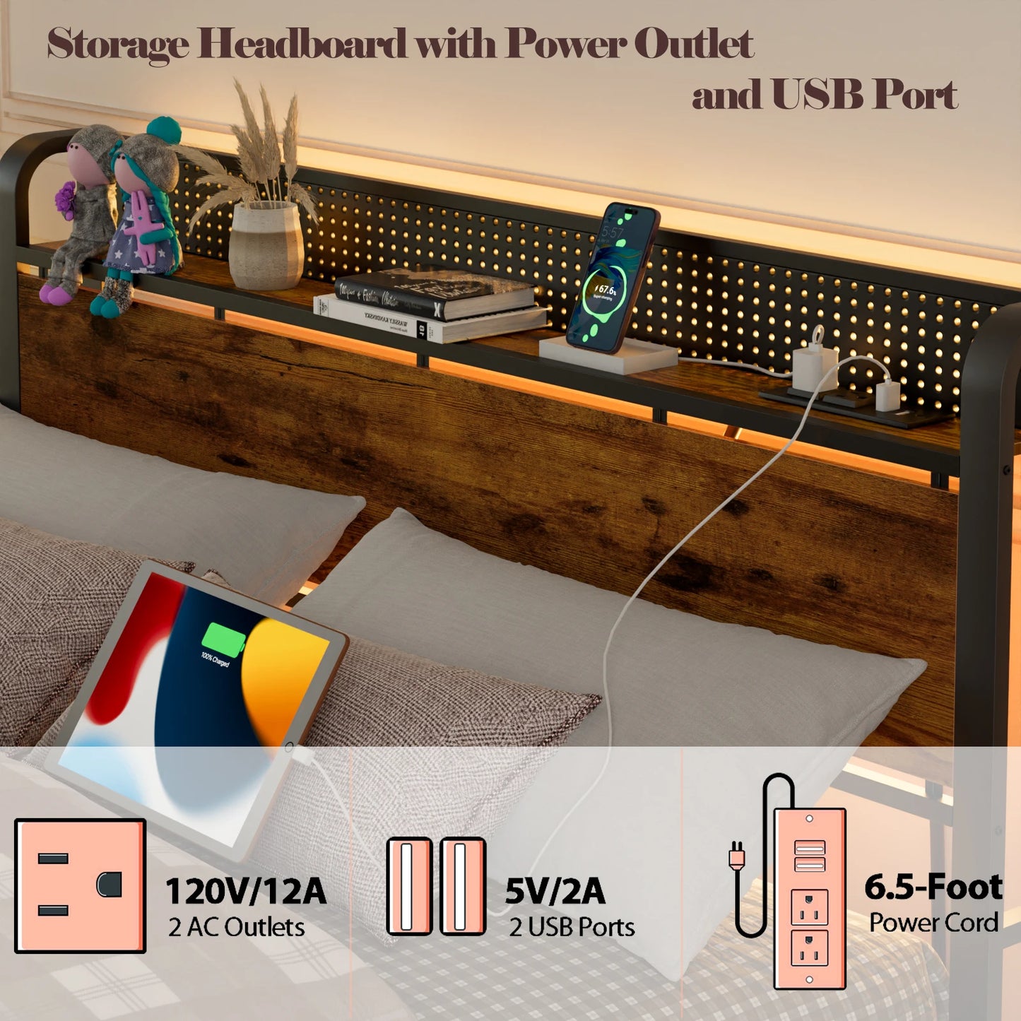 Full Queen Bed Frame with Charging Station LED Lights Storage Headboard
