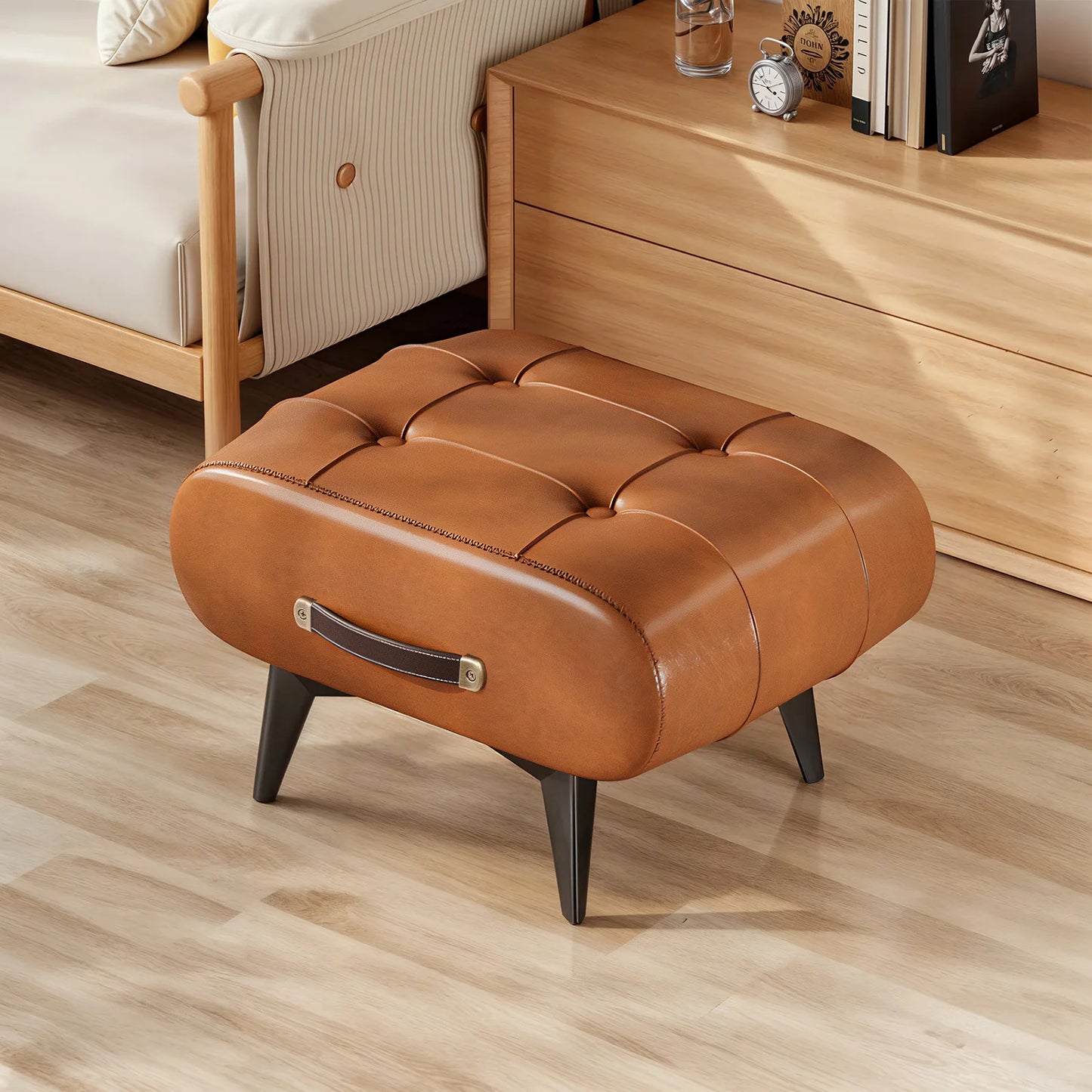 Vintage Waxed Leather Entryway Bench Luxury Ottoman Multifunctional Stool