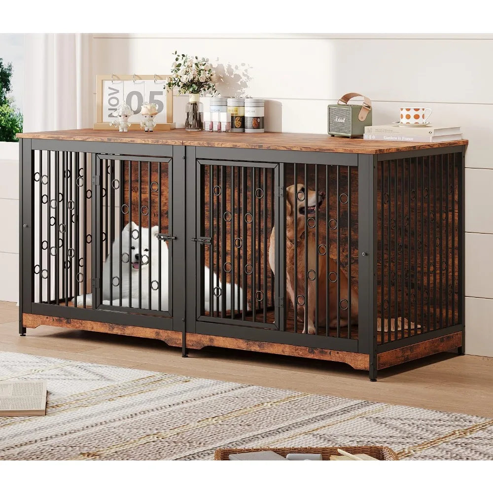71 Inch Dog Crate Furniture for 2 Dogs XXL Wooden Dog Cage Kennel