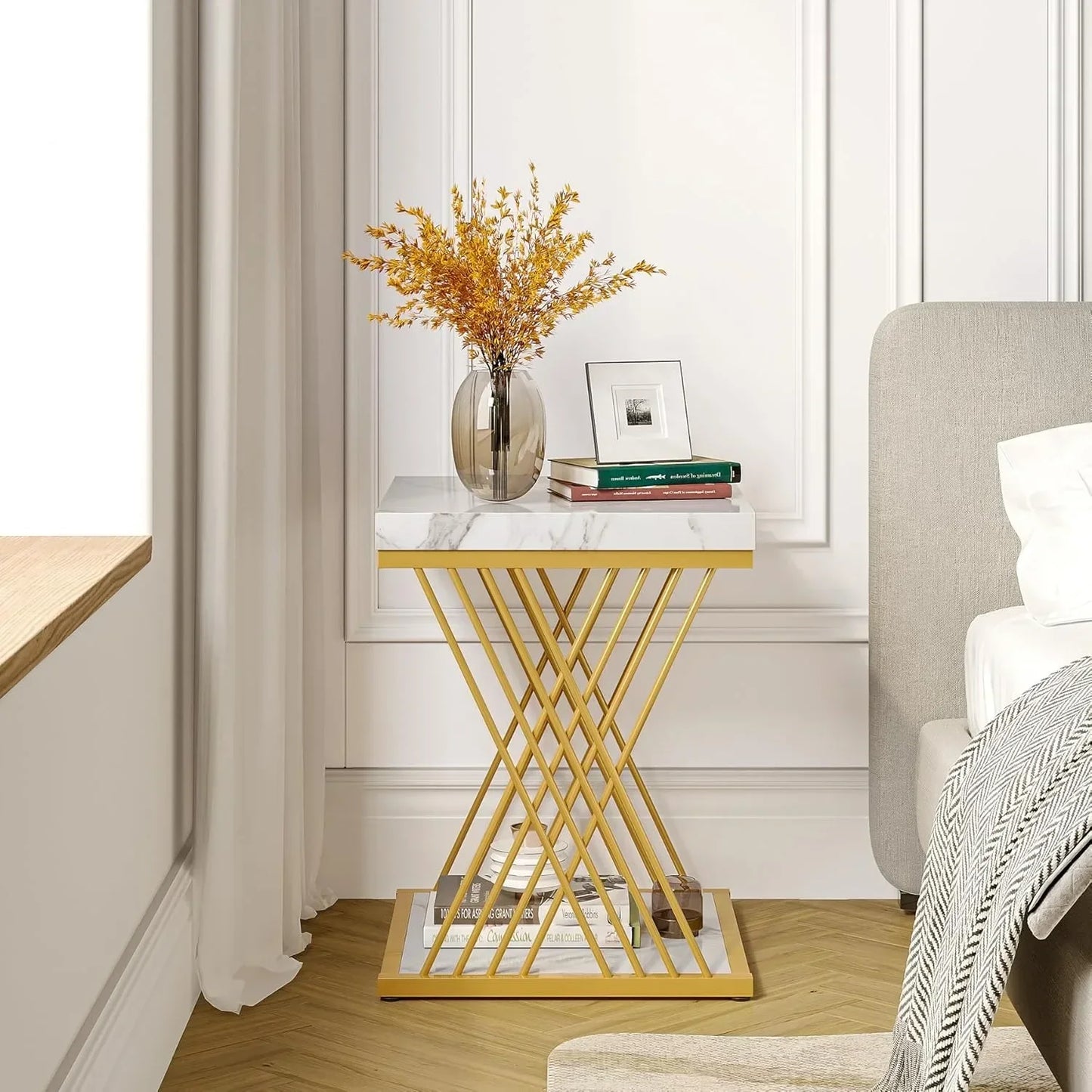 Square End Table Modern 2-Tier Side Table Bedside Table Storage