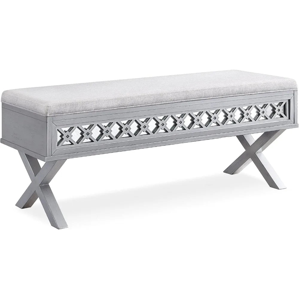 Mirrored Diamond Filigree Lift Top Storage Bench for Bedroom Foyer