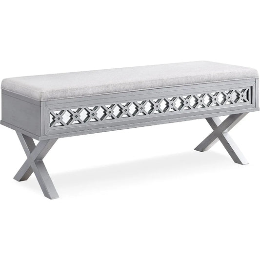 Mirrored Diamond Filigree Lift Top Storage Bench for Bedroom Foyer