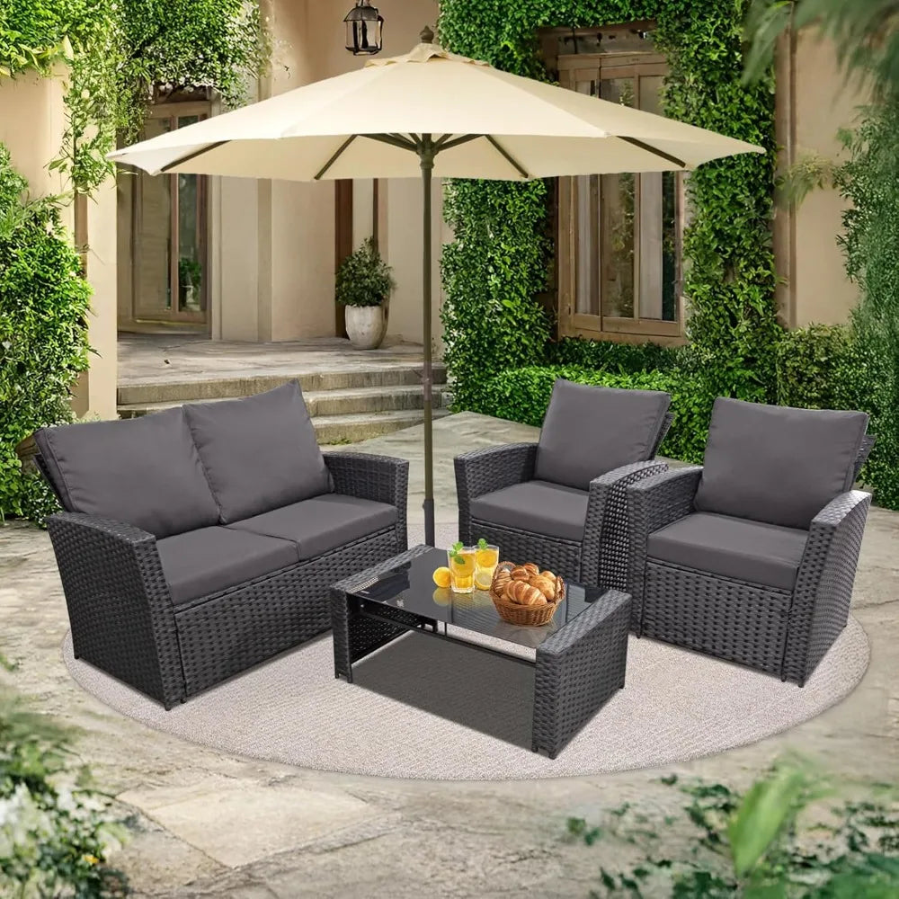 4 Piece Wicker Outdoor Patio Furniture Set Sectional Sofa with Table