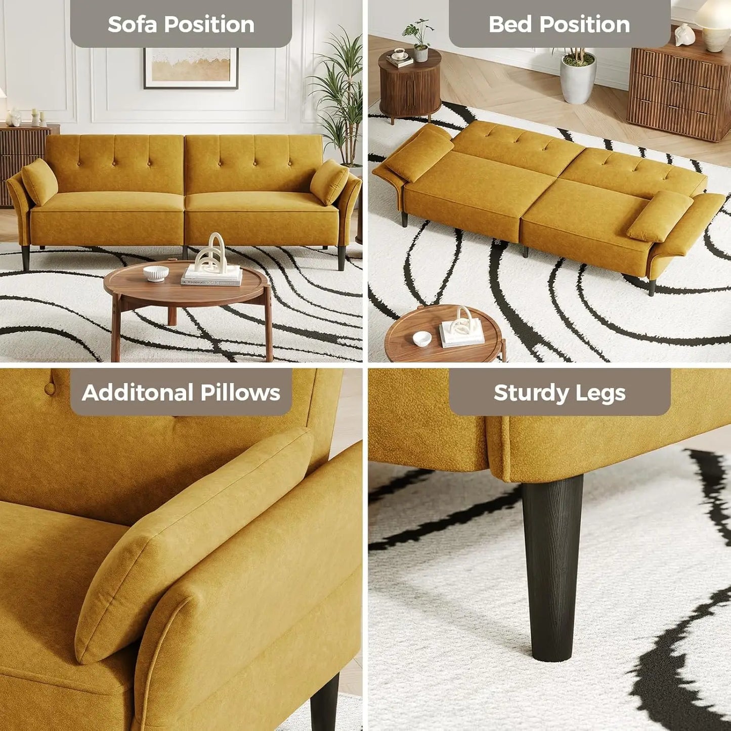 89" Convertible Futon Sofa Bed – Adjustable Back & Armrests, Yellow Sleeper Couch w/ Pillows