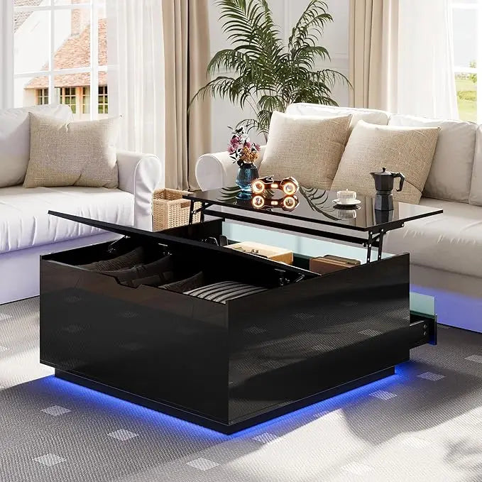 High Gloss Coffee Table with Storage Lift Top LED Modern Design