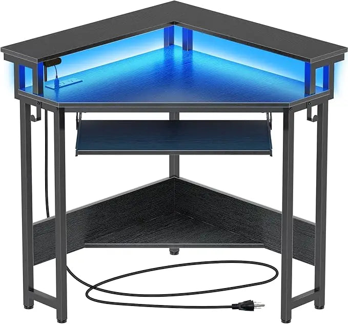 Corner Desk with Power Outlets LED Lights Gaming Computer Triangle Design