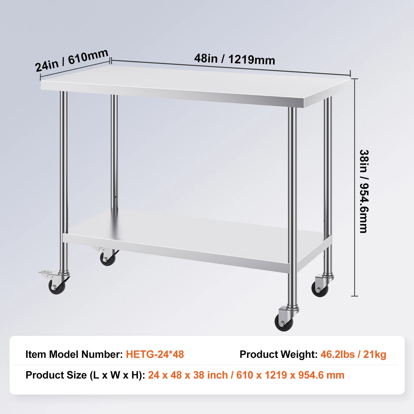 Heavy Duty Stainless Steel Work Table with Wheels Adjustable Height