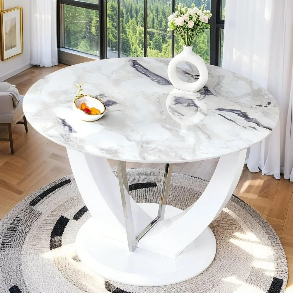 48 Inch Round Dining Table for 4 Sturdy Faux Marble Pedestal Table