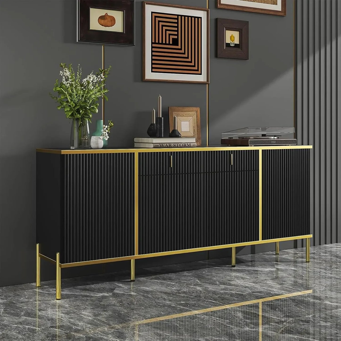 60" Modern Sideboard Buffet Cabinet Fluted Storage Adjustable Shelves