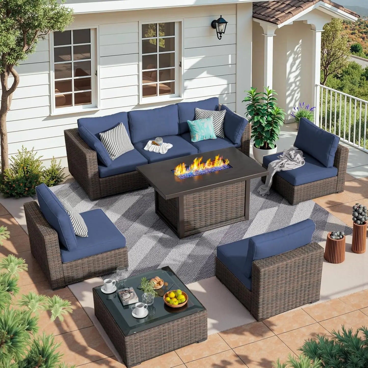 Ljustra 8 Piece Patio Furniture Set with Fire Pit Table Rattan Sectional