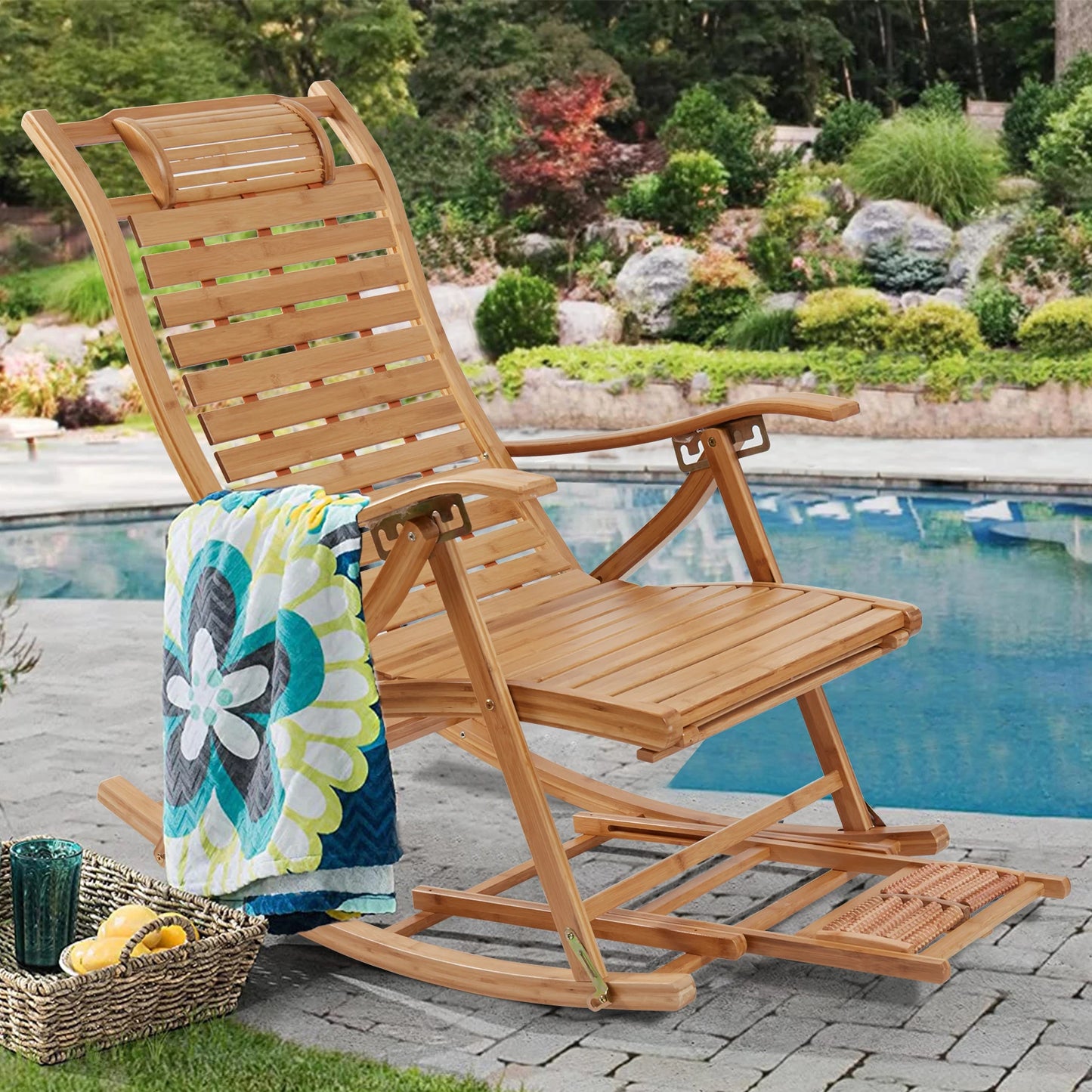 Heavy Duty Bamboo Rocking Chair Adjustable Lounge Recliner Outdoor