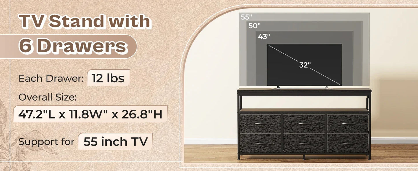 LED TV Stand 47 Inch Fabric Dresser with Power Outlets and 6 Drawers
