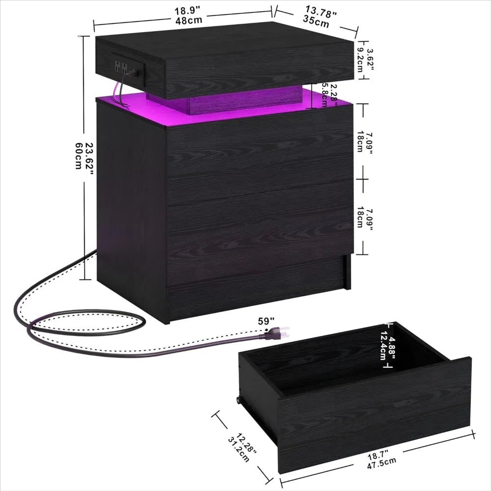Modern Bedside Table with Charging Station LED Lights and Drawers