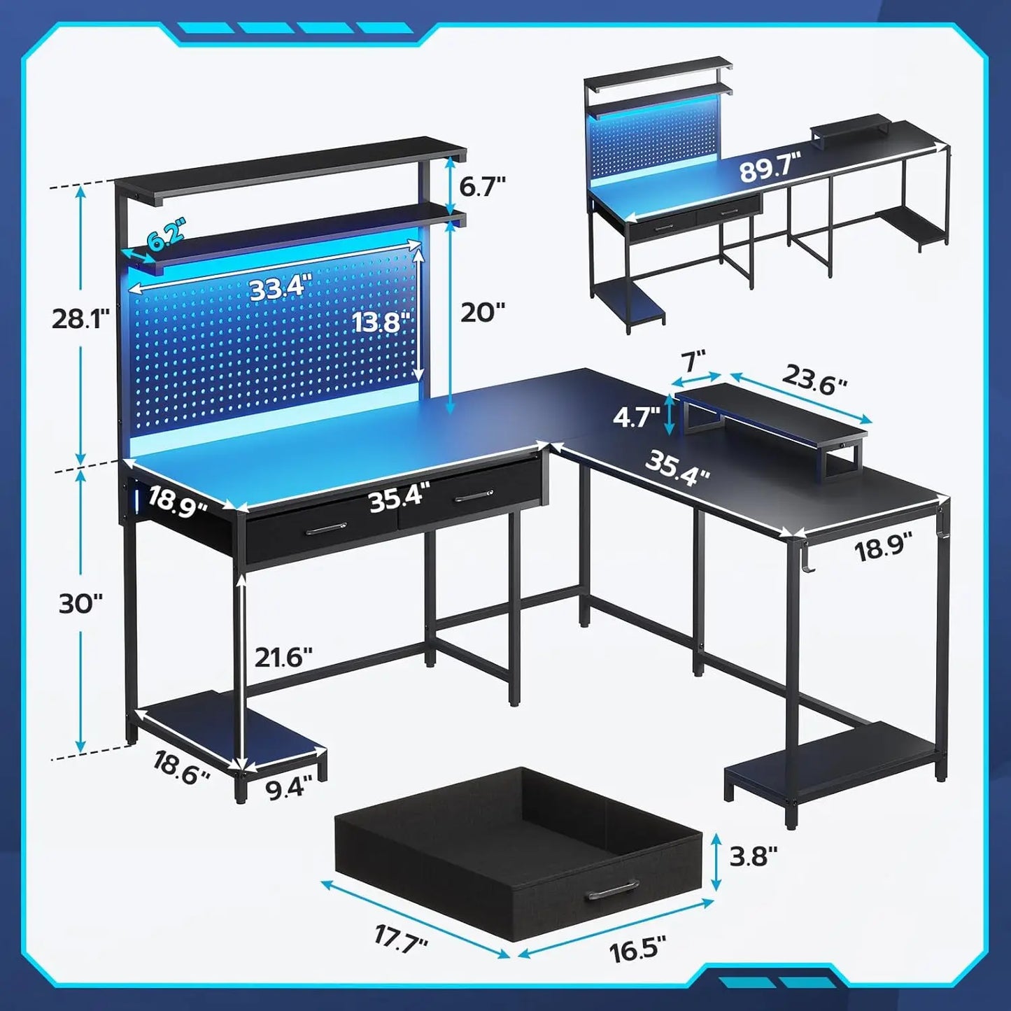 L Shaped Gaming Desk with LED Lights Hutch Monitor Stand Corner Table