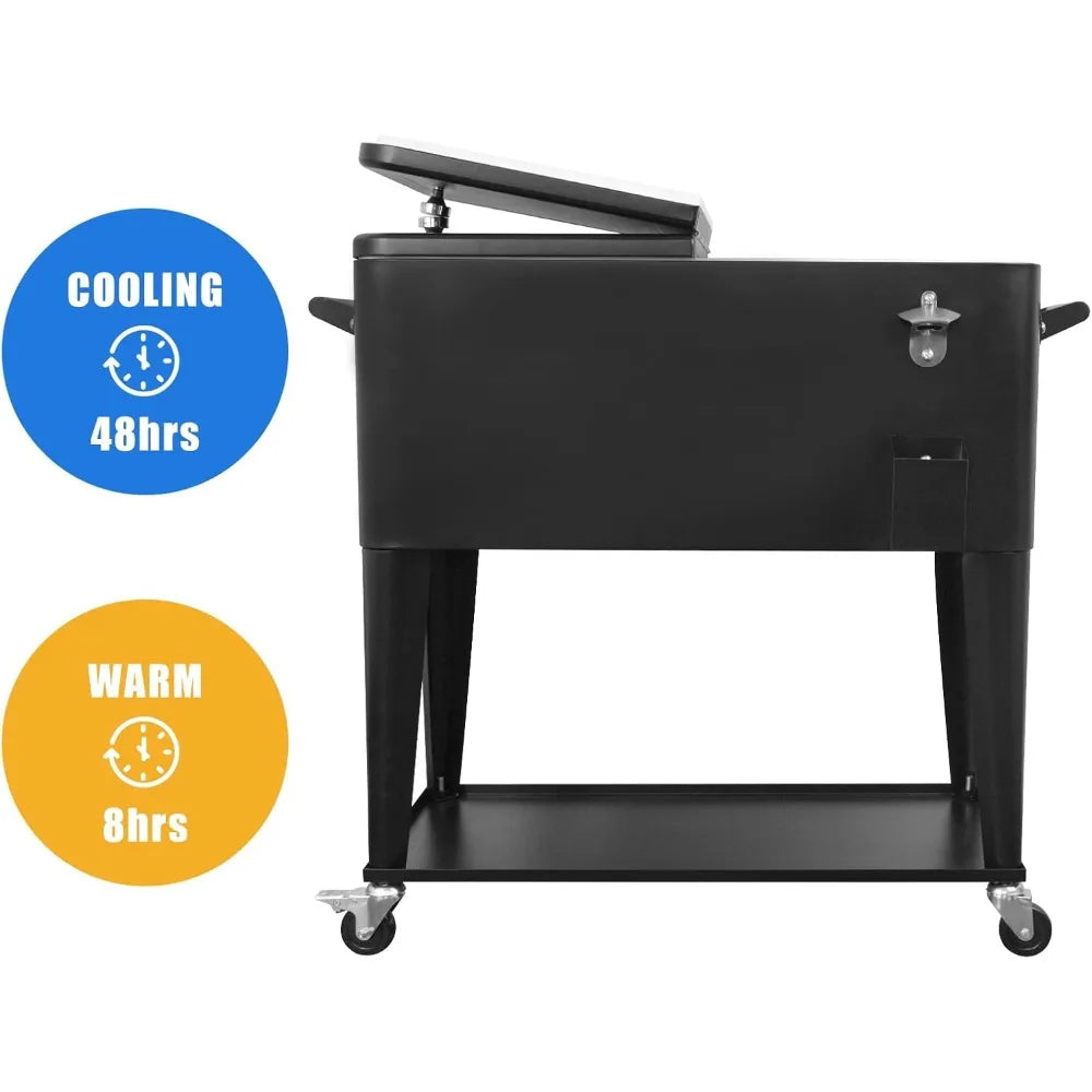 Portable Rolling Cooler Cart 80 Quart Outdoor Beverage Trolley