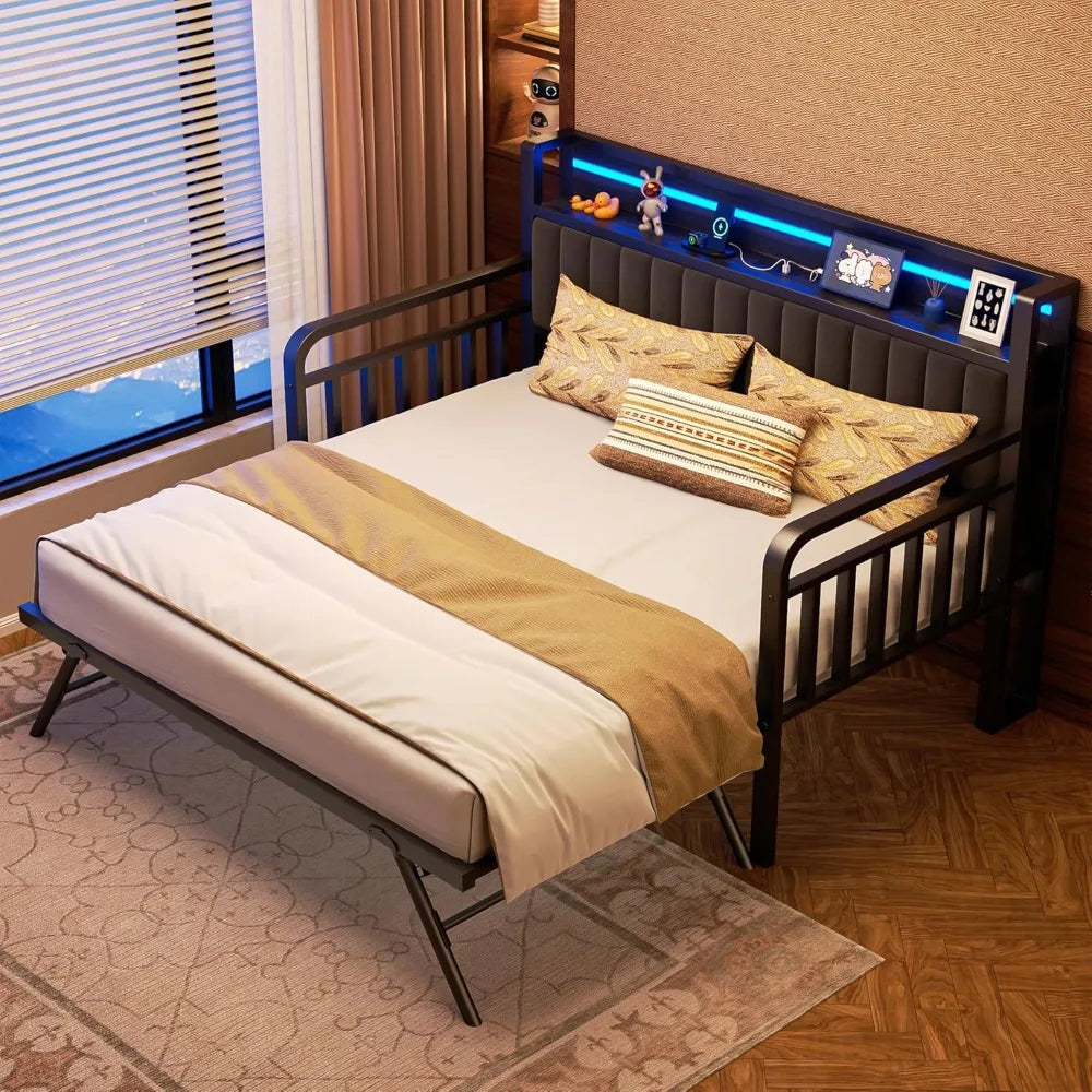 Twin Size Daybed with Trundle LED Lighting Upholstered Headboard Charging Station