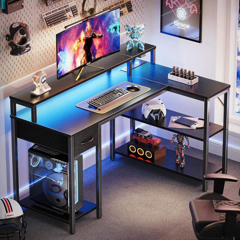 L Shaped Desk with LED Lights Power Outlets Monitor Stand Gaming Desk