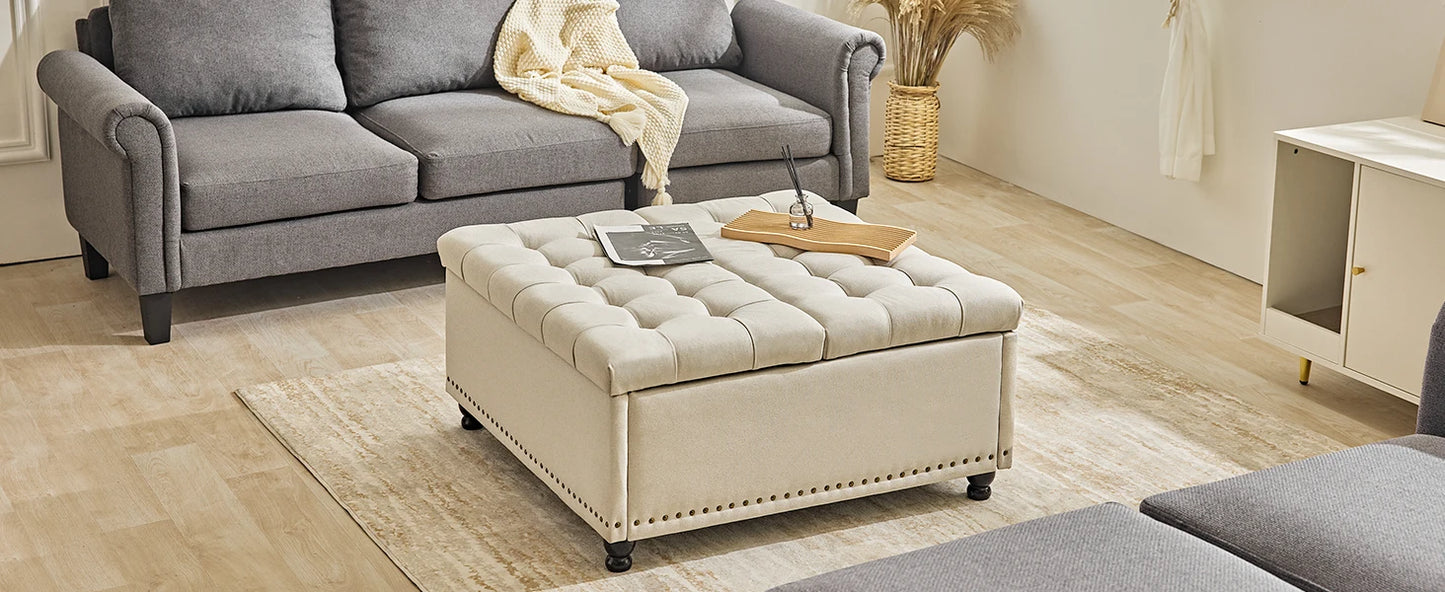 Ljustra Large Square Storage Ottoman Bench Lift Top Tufted Fabric Living Room