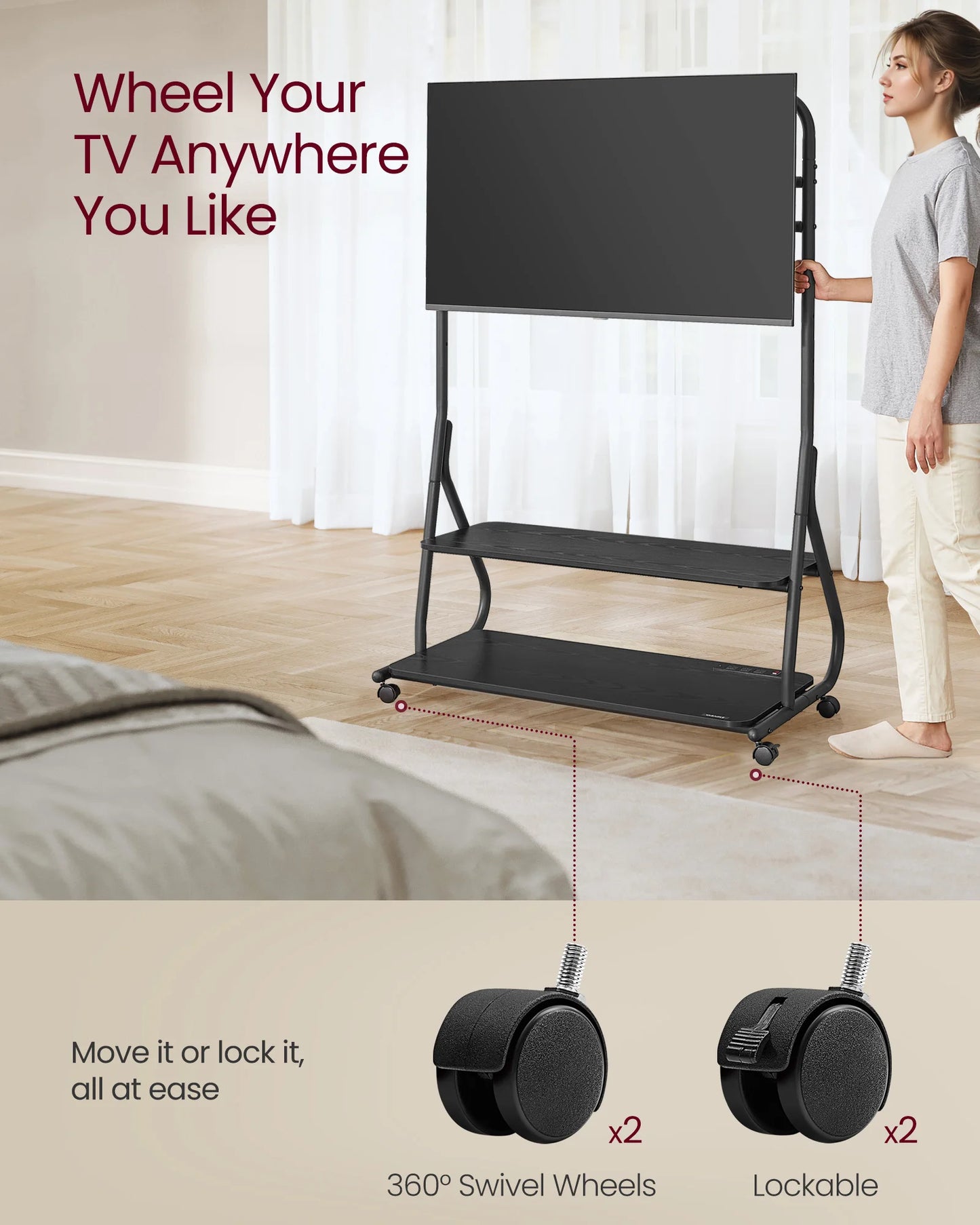VASAGLE Mobile TV Stand with Wheels for LCD LED OLED TVs up to 75 Inch