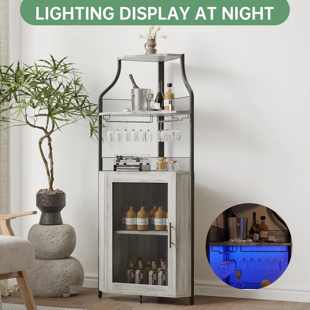 5-Tier Corner Liquor Cabinet LED Wine Bar with Removable Rack Glass Holder