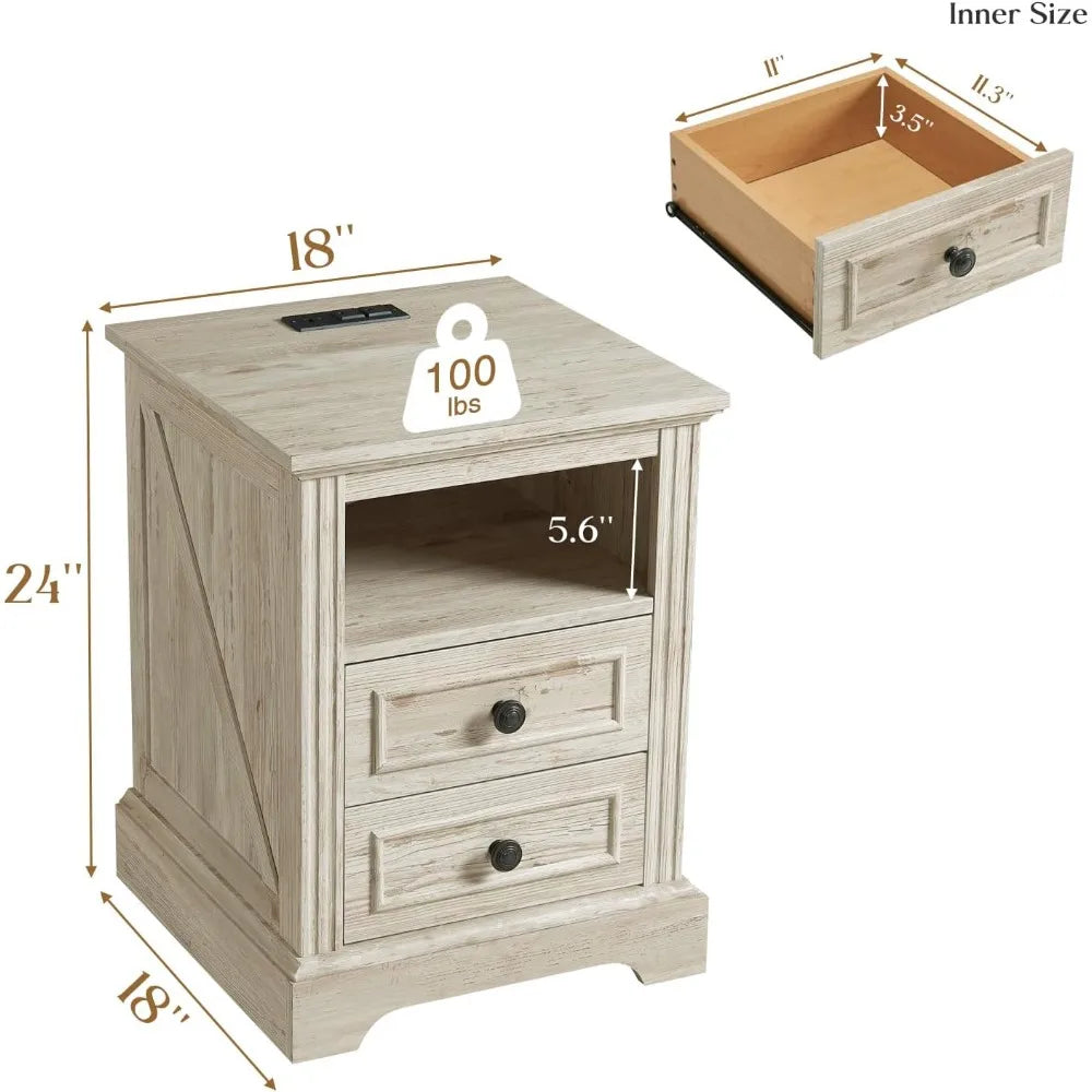 Nightstand with Charging Station 2 Drawers Open Storage Bedroom Side Table