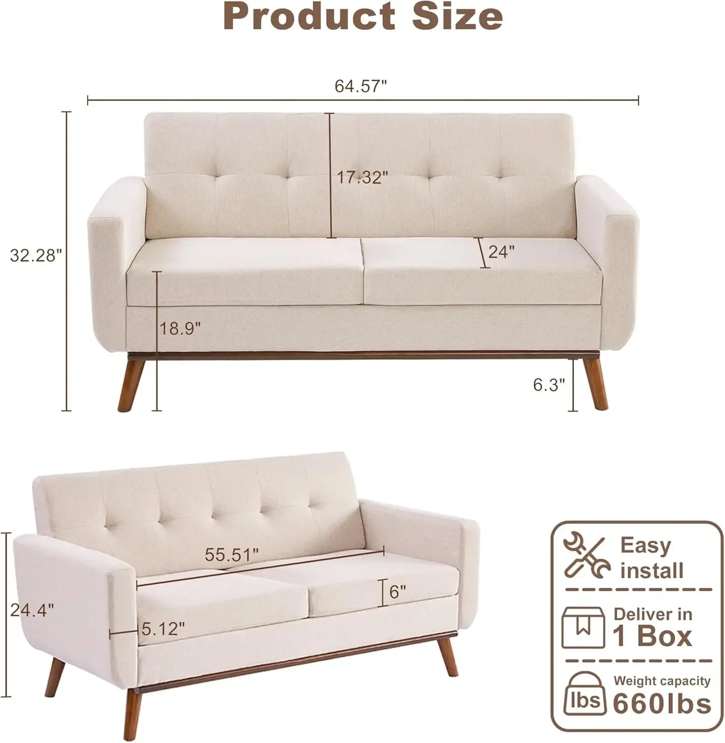 65 Inch Loveseat Sofa Mid Century Modern Button Tufted Upholstered Couch